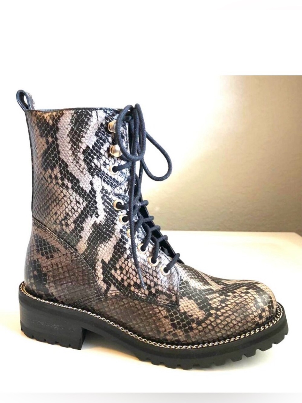 NIB AQUA Jax Chain Accent Snake Emb Leather Combat Boots SZ 5.5, 7